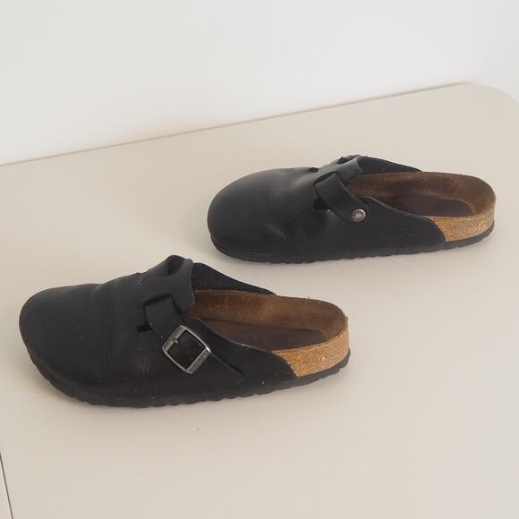 Birkenstock Boston Shoes Women's 38 Size 7- 7.5 Black Leather Soft Footbed Clogs - Picture 3 of 10